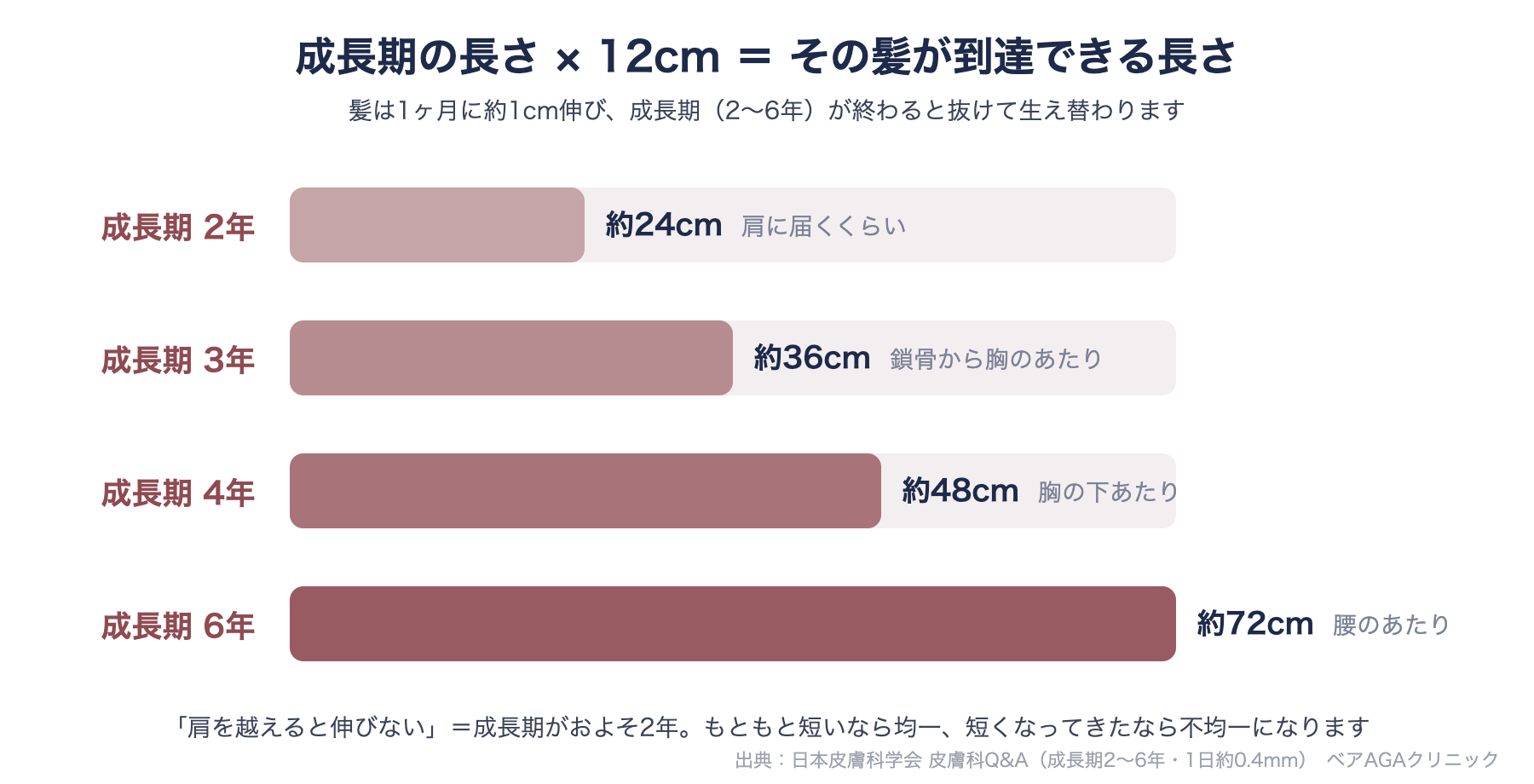 髪の成長期の長さと到達できる長さの図：成長期2年で約24cm（肩）、3年で約36cm、4年で約48cm、6年で約72cm（腰）