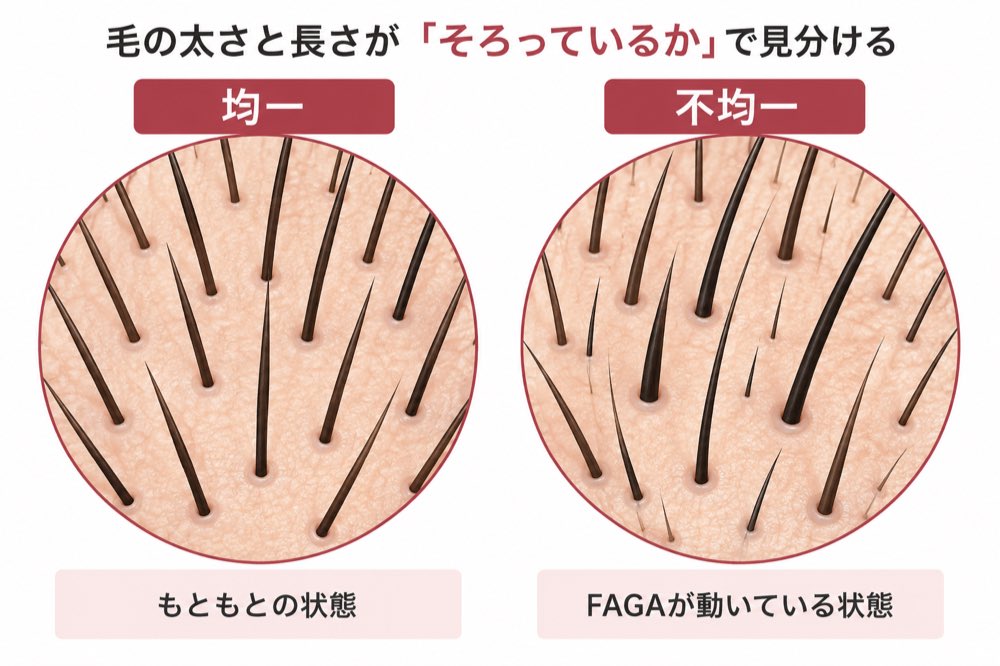 女性の薄毛の見分け方：毛の太さと長さがそろっている均一な状態と、太い毛と細い毛が混ざる不均一な状態の比較図