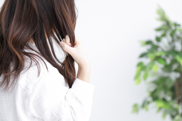 髪を手に取って気にする女性